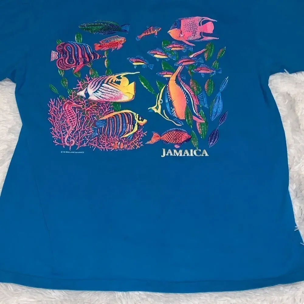 Vintage Hanes Beefy-T Blue Graphic‎ Jamaica Single Stitch T-Shirt Large